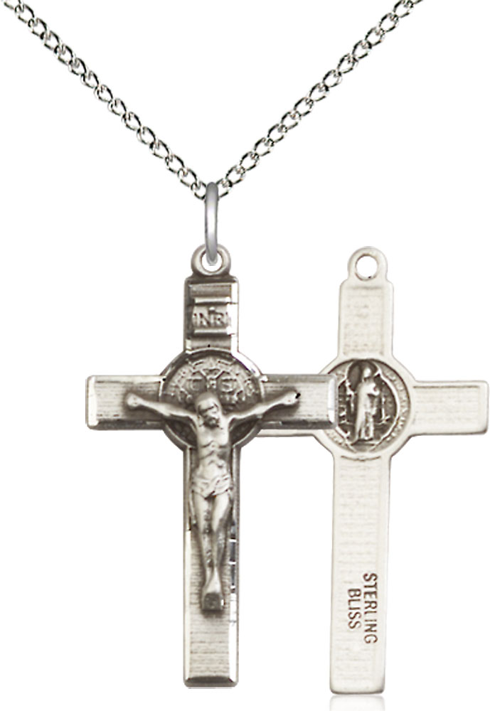 Sterling Silver Saint Benedict Crucifix Pendant on a 18 inch Sterling Silver Light Curb chain
