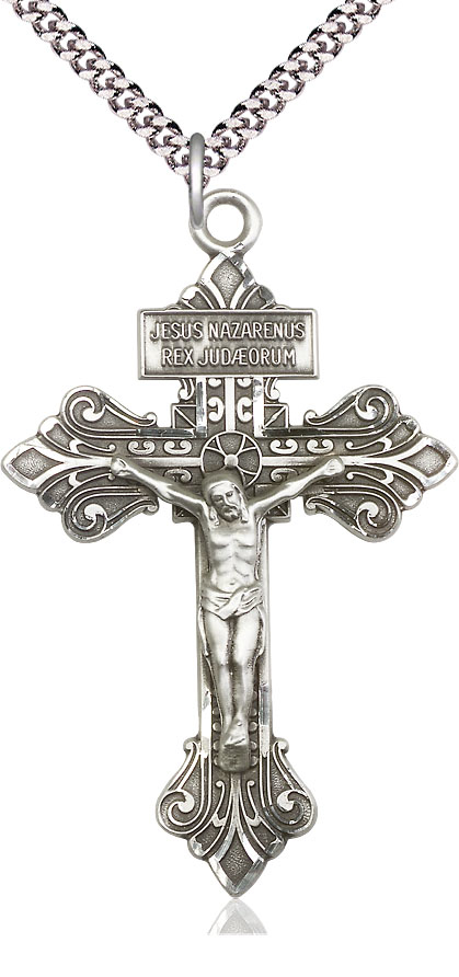 Sterling Silver Crucifix Pendant on a 24 inch Light Rhodium Heavy Curb chain