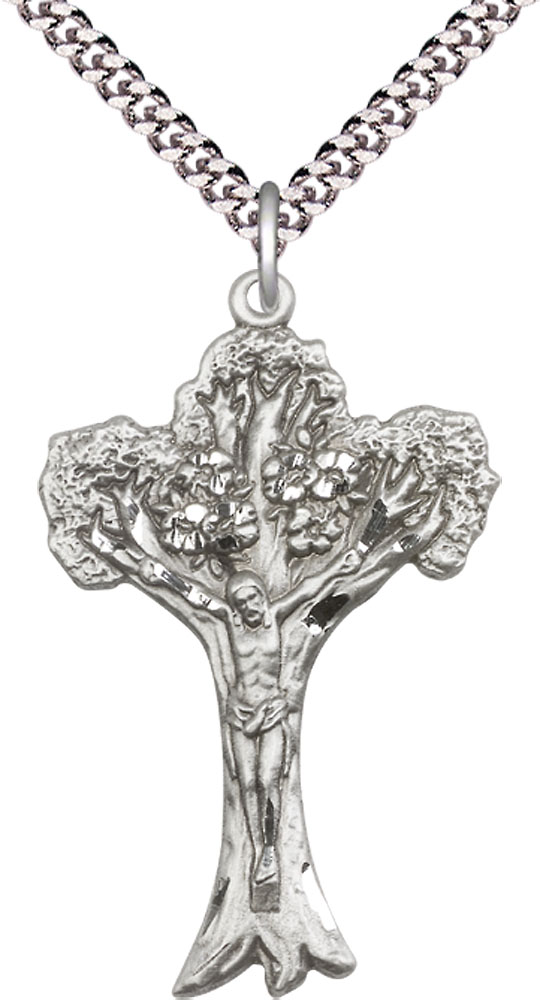 Sterling Silver Tree of Life Crucifix Pendant on a 24 inch Light Rhodium Heavy Curb chain