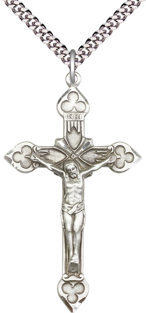 Sterling Silver Crucifix Pendant on a 24 inch Light Rhodium Heavy Curb chain