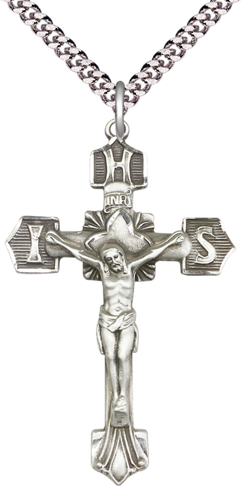 Sterling Silver Crucifix Pendant on a 24 inch Light Rhodium Heavy Curb chain