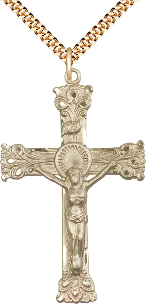 14kt Gold Filled Crucifix Pendant on a 24 inch Gold Plate Heavy Curb chain