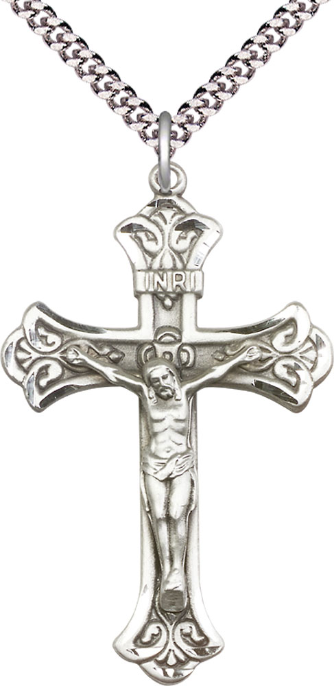 Sterling Silver Crucifix Pendant on a 24 inch Light Rhodium Heavy Curb chain