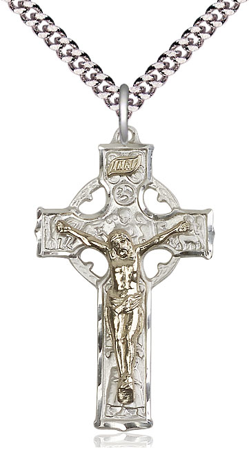 Two-Tone GF/SS Celtic Crucifix Pendant on a 24 inch Light Rhodium Heavy Curb chain