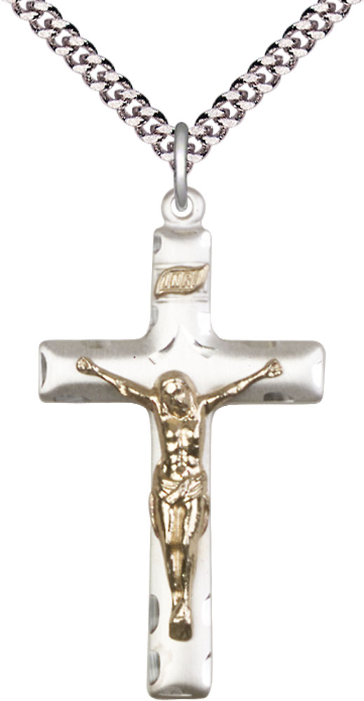 Two-Tone GF/SS Crucifix Pendant on a 24 inch Light Rhodium Heavy Curb chain