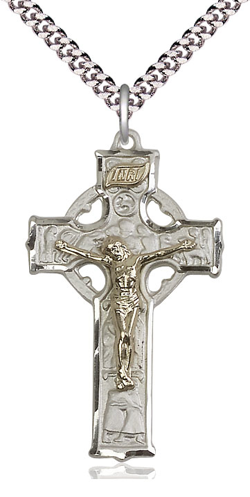 Two-Tone GF/SS Mens Celtic Crucifix Pendant on a 24 inch Light Rhodium Heavy Curb chain