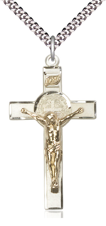 Two-Tone GF/SS Saint Benedict Crucifix Pendant on a 24 inch Light Rhodium Heavy Curb chain