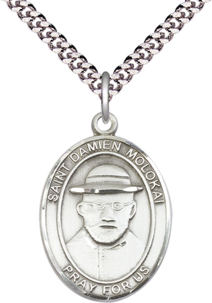 Sterling Silver Saint Damien of Molokai Pendant on a 24 inch Light Rhodium Heavy Curb chain