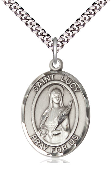 Sterling Silver Saint Lucy Pendant on a 24 inch Light Rhodium Heavy Curb chain
