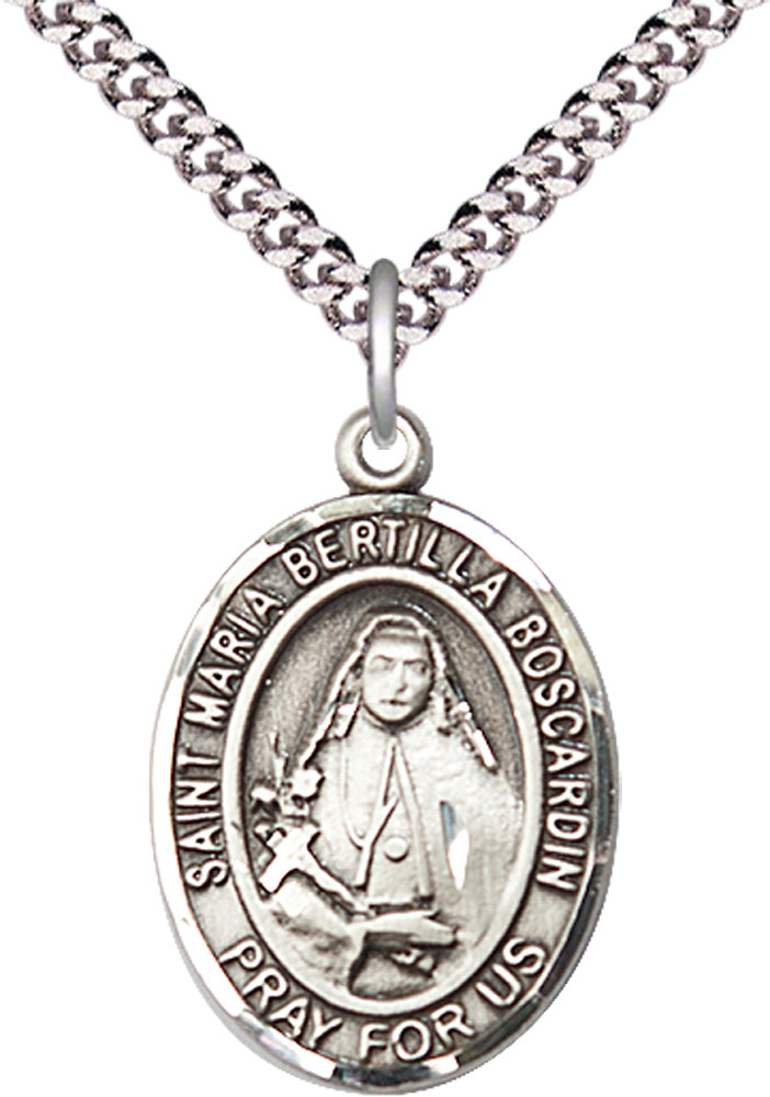 Sterling Silver Saint Maria Bertilla Boscardin Pendant on a 24 inch Light Rhodium Heavy Curb chain
