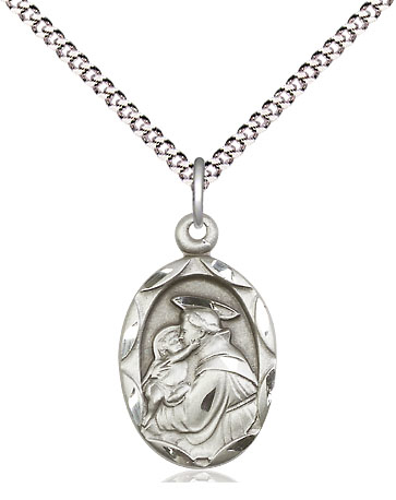 Sterling Silver Saint Anthony of Padua Pendant on a 18 inch Light Rhodium Light Curb chain