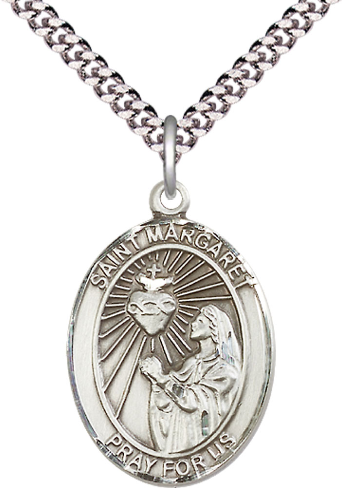 Sterling Silver Saint Margaret Mary Alacoque Pendant on a 24 inch Light Rhodium Heavy Curb chain