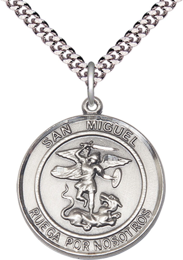 Sterling Silver San Miguel Arcangel Pendant on a 24 inch Light Rhodium Heavy Curb chain