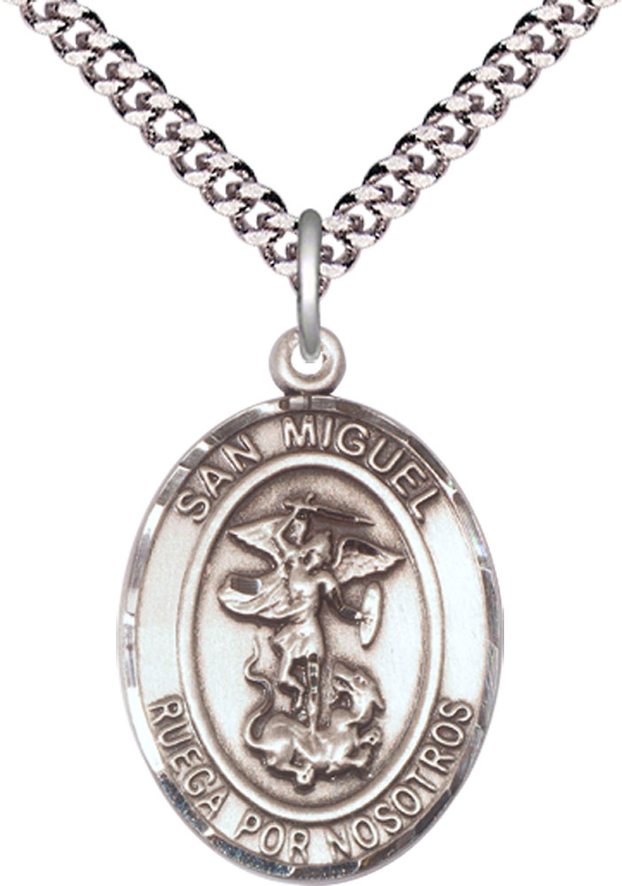 Sterling Silver San Miguel Arcangel Pendant on a 24 inch Light Rhodium Heavy Curb chain