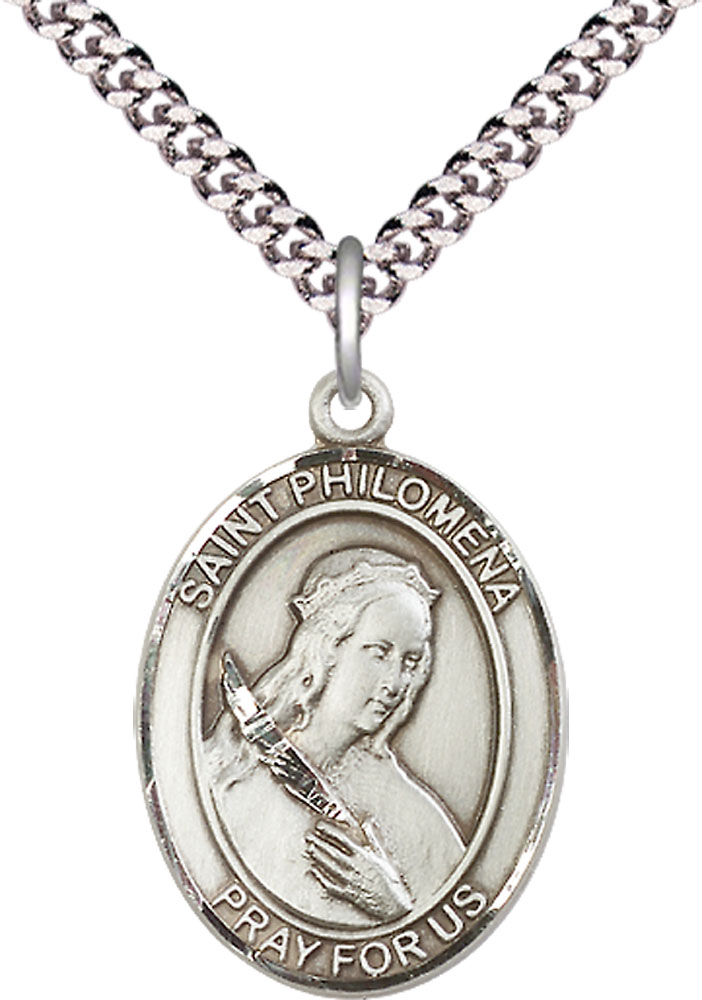 Sterling Silver Saint Philomena Pendant on a 24 inch Light Rhodium Heavy Curb chain