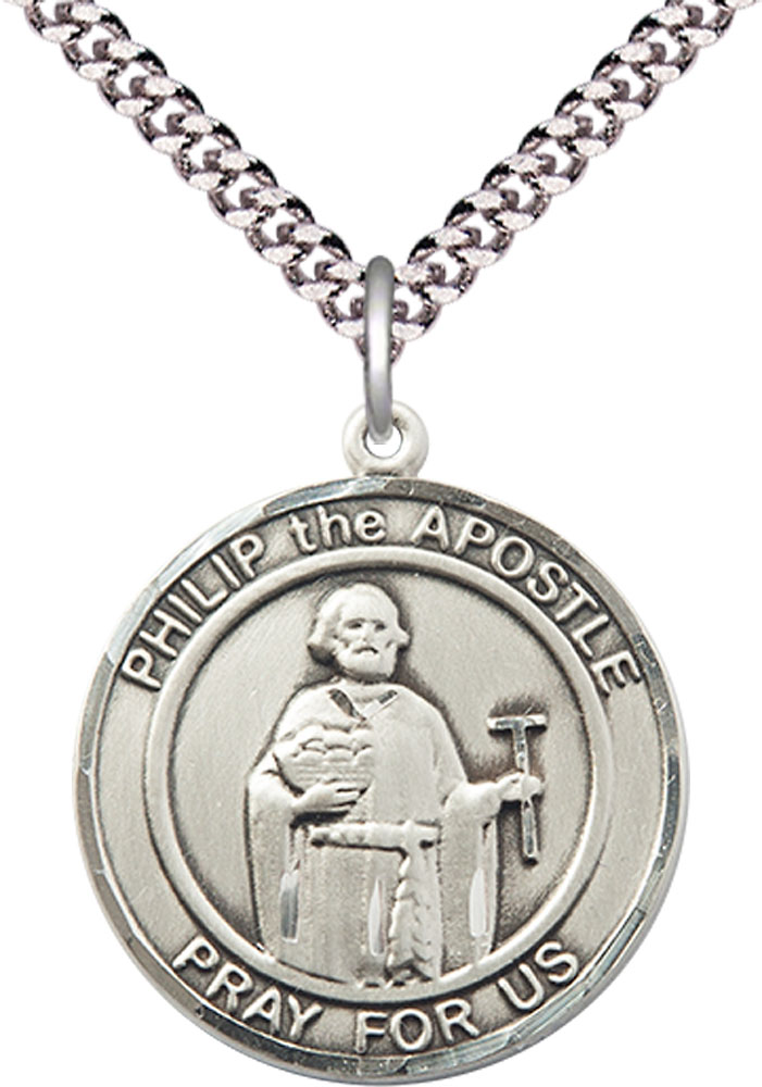 Sterling Silver Philip the Apostle Pendant on a 24 inch Light Rhodium Heavy Curb chain