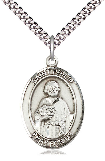 Sterling Silver Saint Philip the Apostle Pendant on a 24 inch Light Rhodium Heavy Curb chain