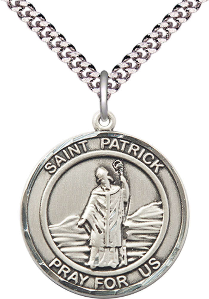 Sterling Silver Saint Patrick Pendant on a 24 inch Light Rhodium Heavy Curb chain