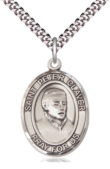 Sterling Silver Saint Peter Claver Pendant on a 24 inch Light Rhodium Heavy Curb chain