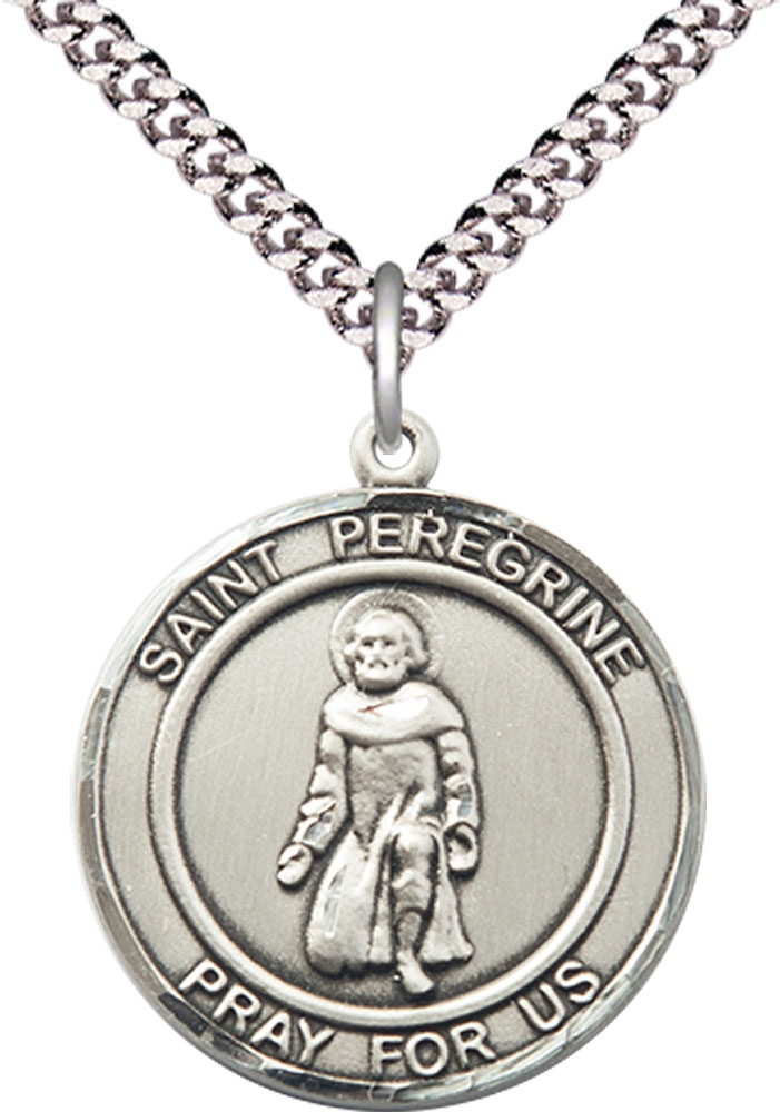 Sterling Silver Saint Peregrine Pendant on a 24 inch Light Rhodium Heavy Curb chain