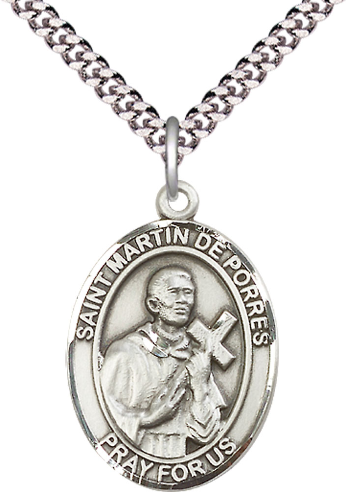 Sterling Silver Saint Martin de Porres Pendant on a 24 inch Light Rhodium Heavy Curb chain