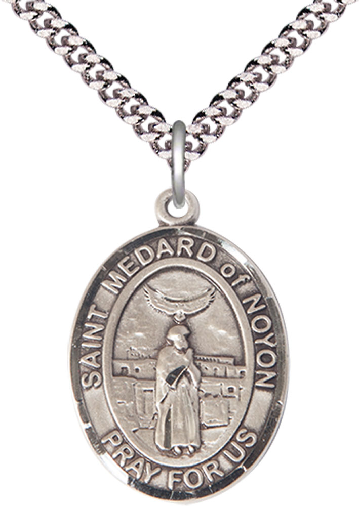 Sterling Silver Saint Medard of Noyon Pendant on a 24 inch Light Rhodium Heavy Curb chain