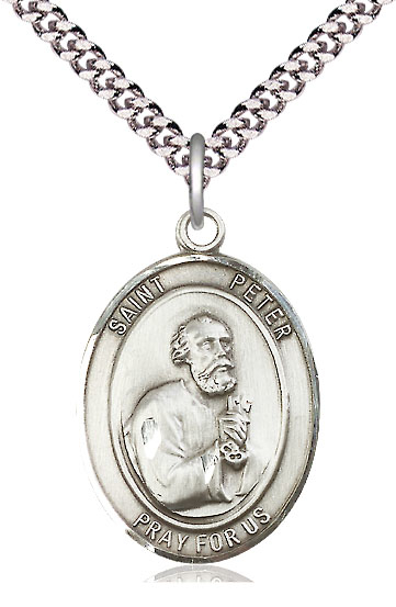 Sterling Silver Saint Peter the Apostle Pendant on a 24 inch Light Rhodium Heavy Curb chain
