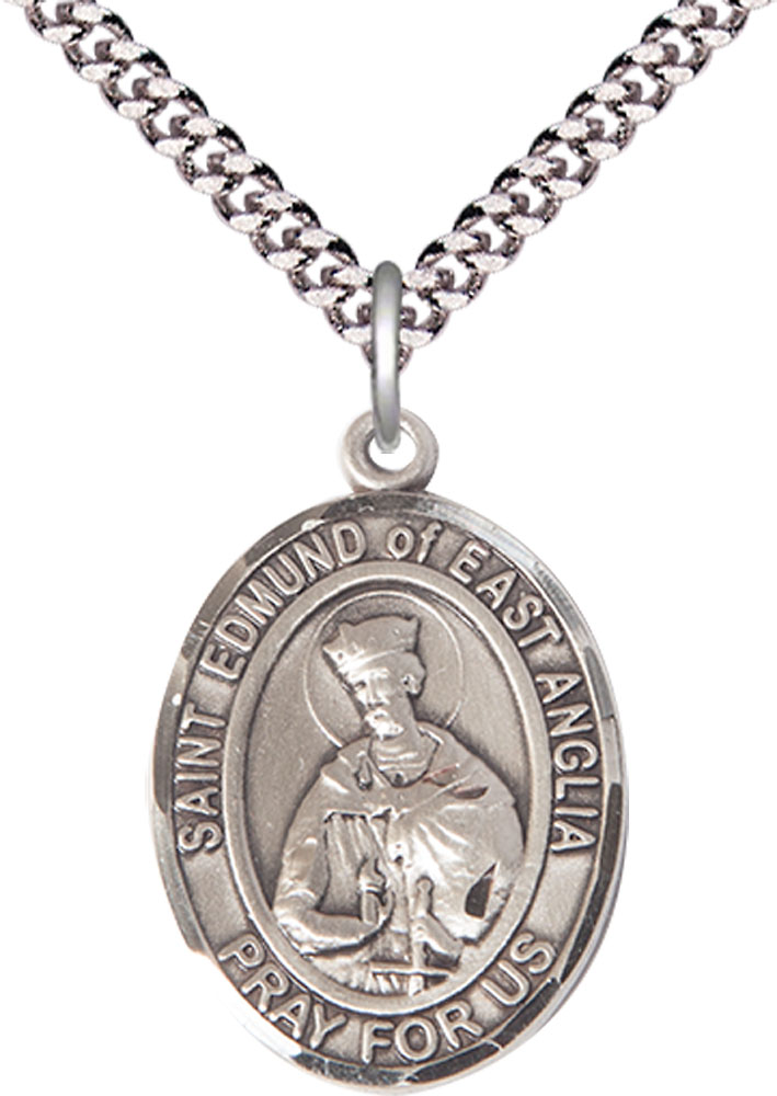 Sterling Silver Saint Edmund of East Anglia Pendant on a 24 inch Light Rhodium Heavy Curb chain