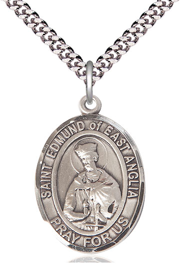 Sterling Silver Saint Edmund of East Anglia Pendant on a 24 inch Light Rhodium Heavy Curb chain