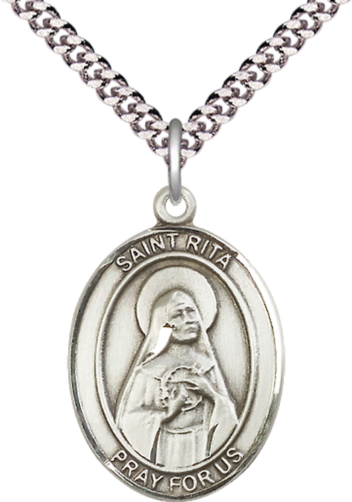 Sterling Silver Saint Rita of Cascia Pendant on a 24 inch Light Rhodium Heavy Curb chain