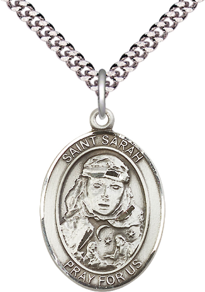 Sterling Silver Saint Sarah Pendant on a 24 inch Light Rhodium Heavy Curb chain