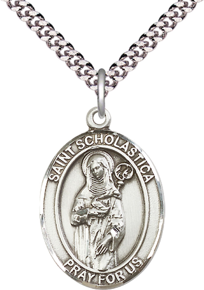 Sterling Silver Saint Scholastica Pendant on a 24 inch Light Rhodium Heavy Curb chain