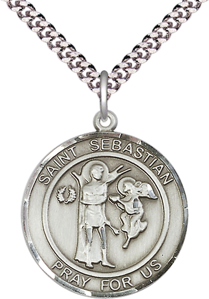 Sterling Silver Saint Sebastian Pendant on a 24 inch Light Rhodium Heavy Curb chain