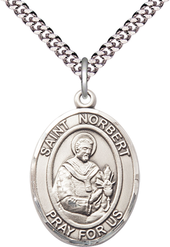 Sterling Silver Saint Norbert of Xanten Pendant on a 24 inch Light Rhodium Heavy Curb chain