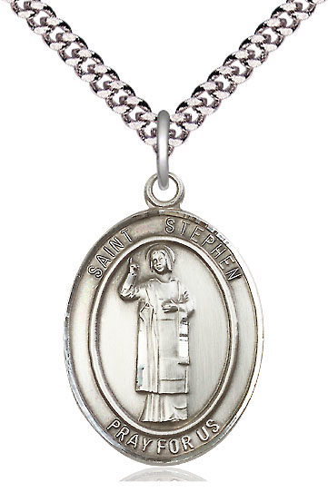 Sterling Silver Saint Stephen the Martyr Pendant on a 24 inch Light Rhodium Heavy Curb chain