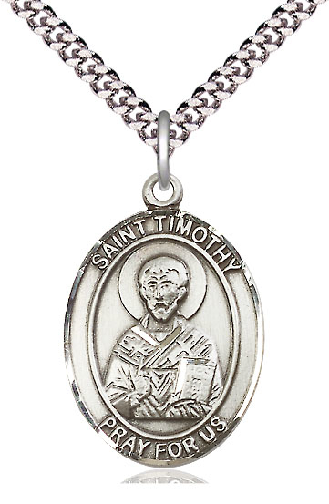 Sterling Silver Saint Timothy Pendant on a 24 inch Light Rhodium Heavy Curb chain