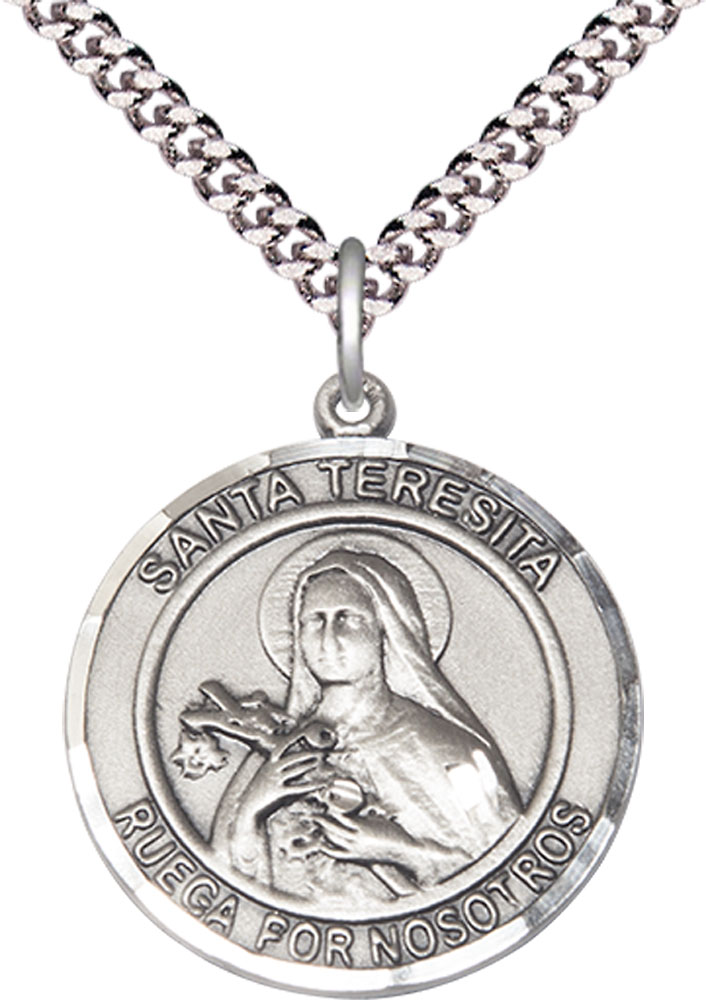 Sterling Silver Santa Teresita Pendant on a 24 inch Light Rhodium Heavy Curb chain