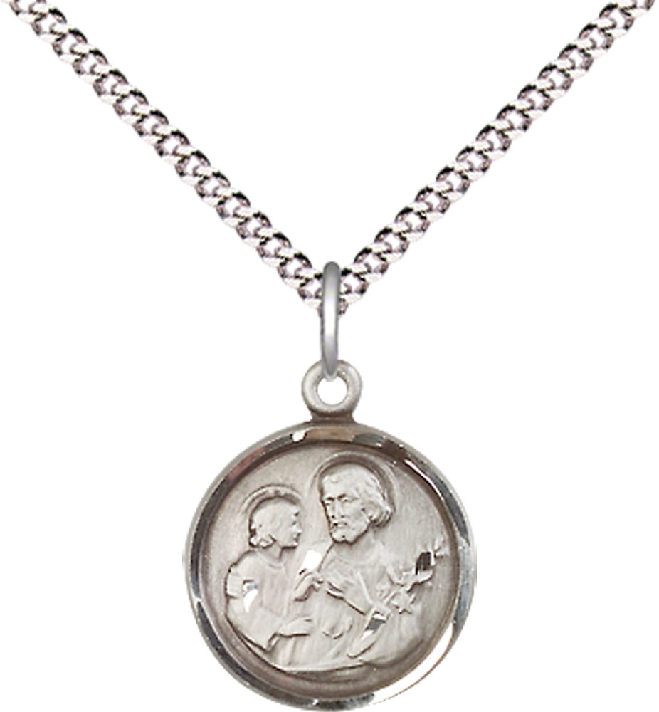 Sterling Silver Saint Joseph Pendant on a 18 inch Light Rhodium Light Curb chain