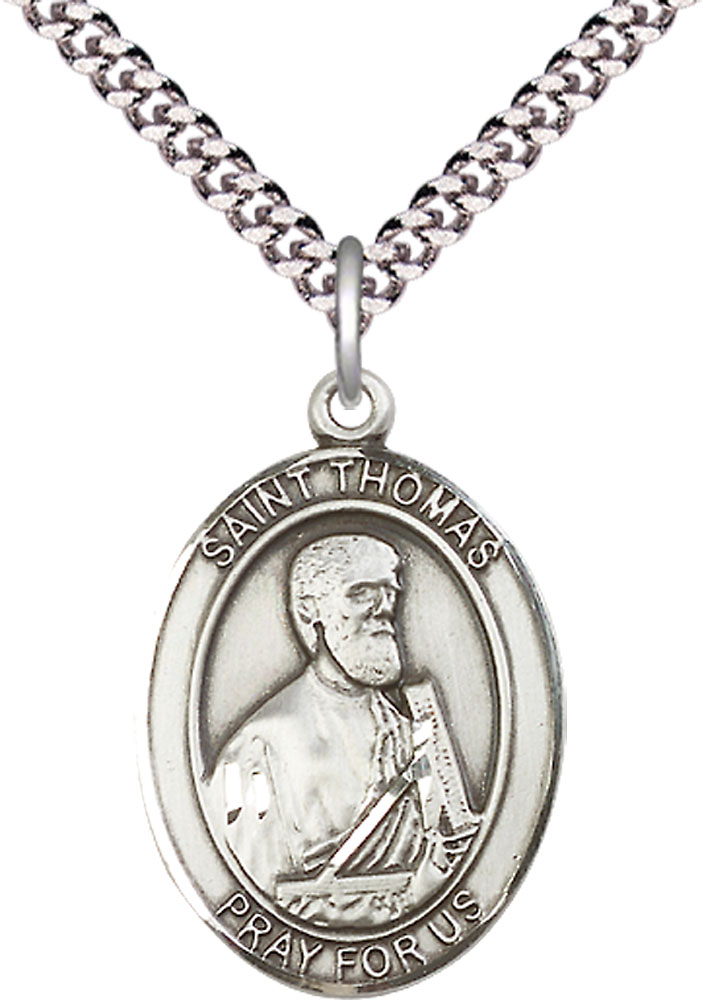 Sterling Silver Saint Thomas the Apostle Pendant on a 24 inch Light Rhodium Heavy Curb chain