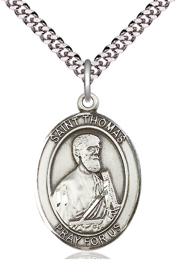 Sterling Silver Saint Thomas the Apostle Pendant on a 24 inch Light Rhodium Heavy Curb chain