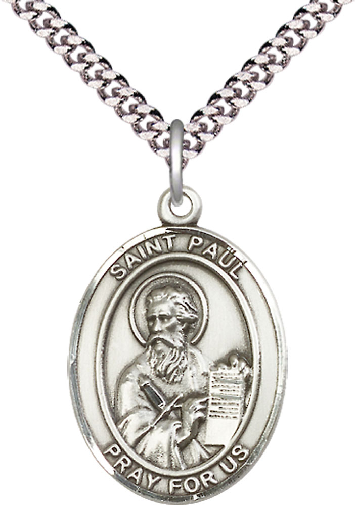 Sterling Silver Saint Paul the Apostle Pendant on a 24 inch Light Rhodium Heavy Curb chain