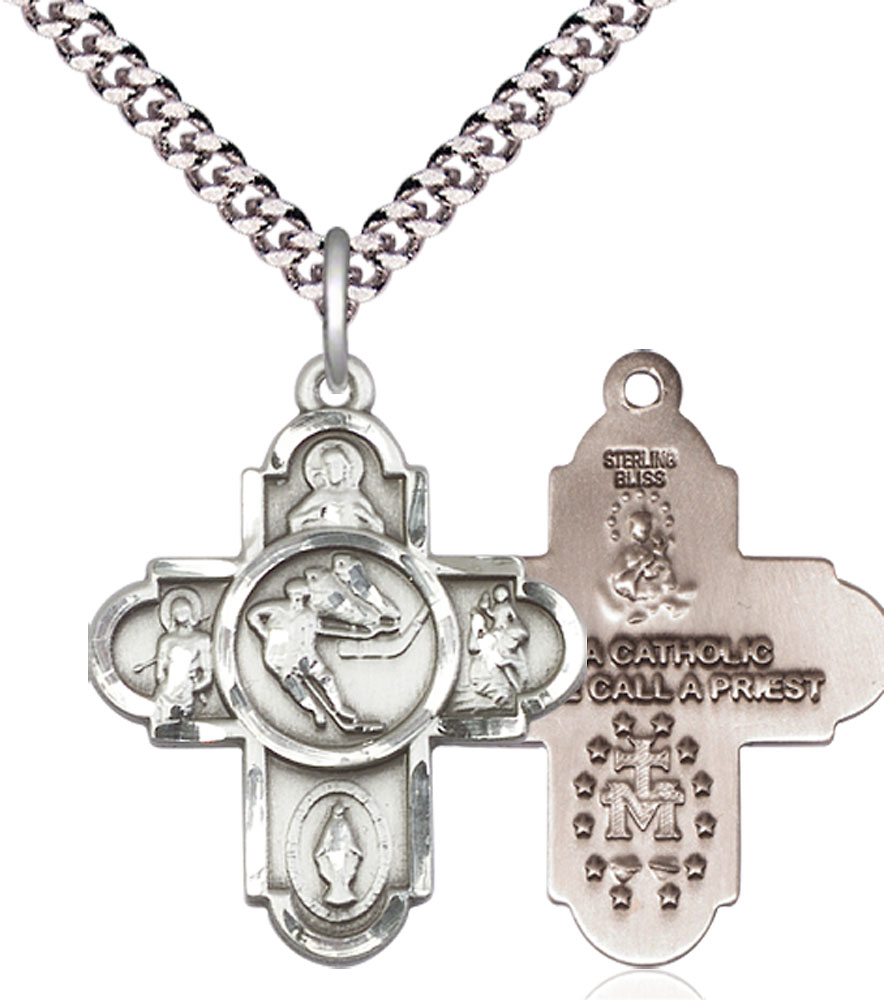 Sterling Silver 5-Way Ice Hockey Pendant on a 24 inch Light Rhodium Heavy Curb chain
