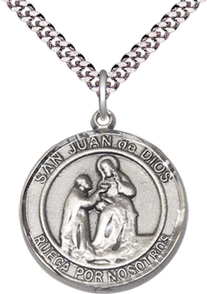Sterling Silver San Juan de Dios Pendant on a 24 inch Light Rhodium Heavy Curb chain