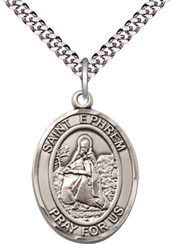 Sterling Silver Saint Ephrem Pendant on a 24 inch Light Rhodium Heavy Curb chain