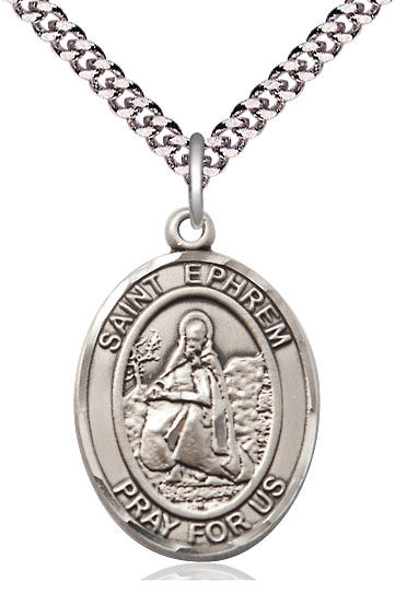 Sterling Silver Saint Ephrem Pendant on a 24 inch Light Rhodium Heavy Curb chain