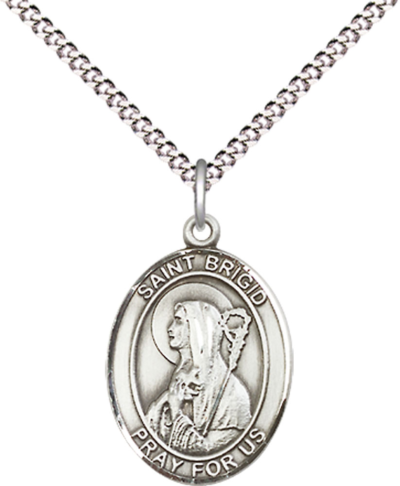 Sterling Silver Saint Brigid of Ireland Pendant on a 18 inch Light Rhodium Light Curb chain