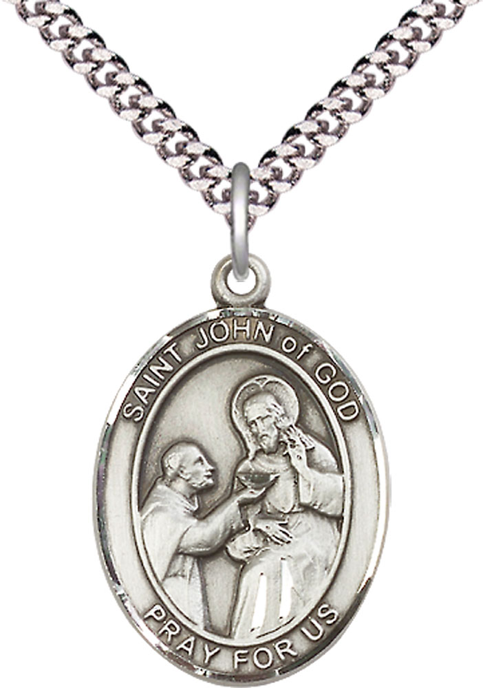 Sterling Silver Saint John of God Pendant on a 24 inch Light Rhodium Heavy Curb chain