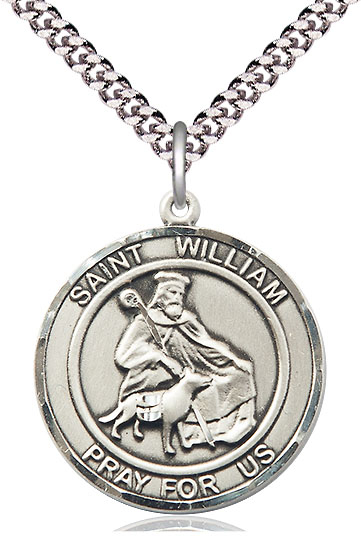 Sterling Silver Saint William of Rochester Pendant on a 24 inch Light Rhodium Heavy Curb chain