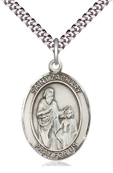 Sterling Silver Saint Zachary Pendant on a 24 inch Light Rhodium Heavy Curb chain