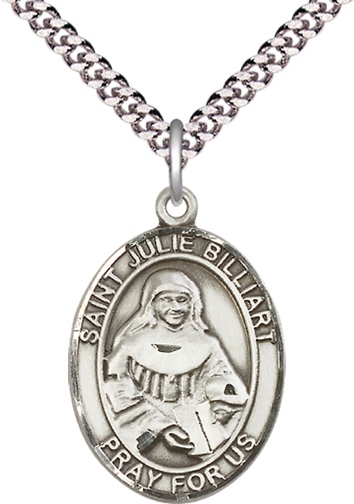 Sterling Silver Saint Julie Billiart Pendant on a 24 inch Light Rhodium Heavy Curb chain